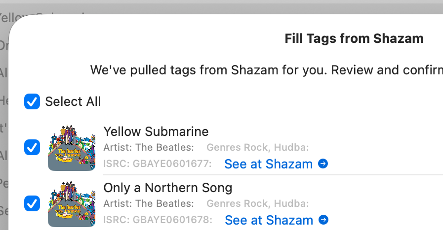 Fill tags from Shazam
